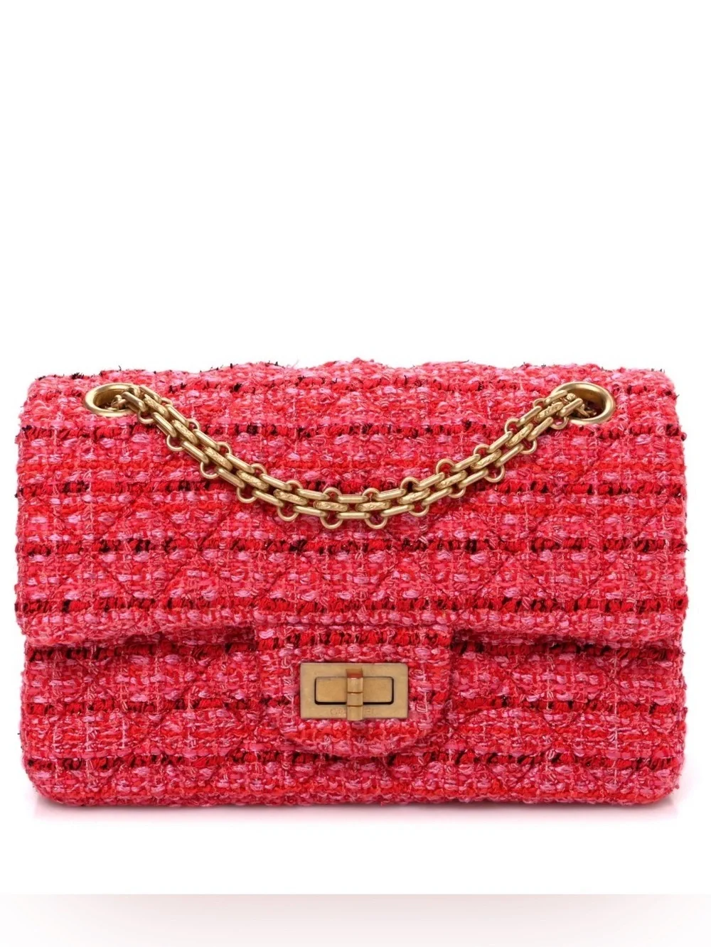 Chanel Tweed Quilted Mini 2.55 Reissue Flap Red Pink Slight Shine Bag In EUC
